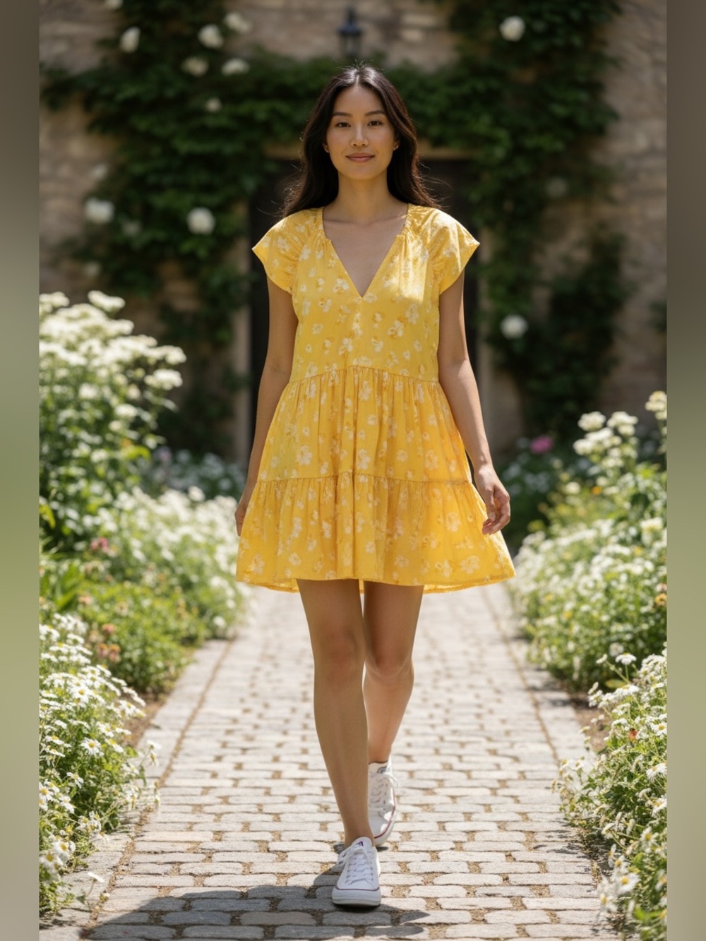 Banana Republic Sunny Yellow Floral V-Neck Tiered Mini Dress